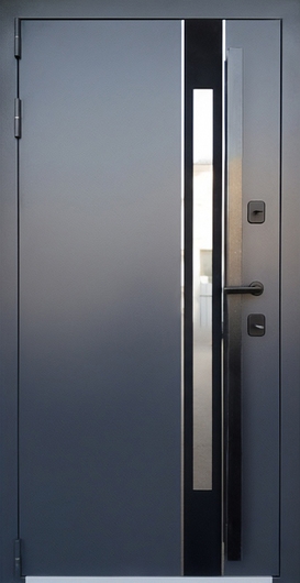 Входная термодверь с узким стеклом, бугельной ручкой и серой полимерной покраской